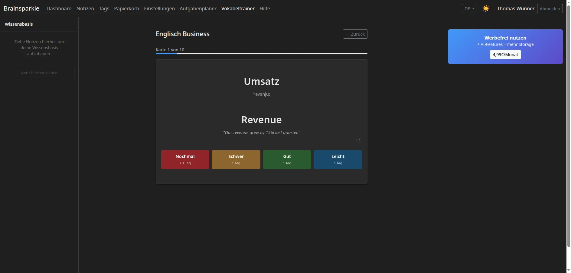 Entrenador de vocabulario Brainsparkle con flashcard y botones de valoracion